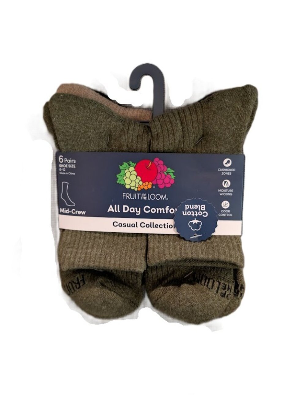 Fruit of the Loom Men's All Day Comfort Mid-Calf Socks 6-Pack (Shoe Size 6-12)